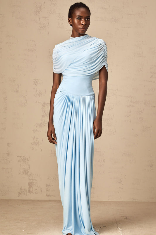 Catherine blue asymmetric pleated maxi dress