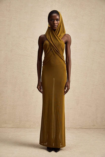 Gloria crossover backless hooded maxi dress