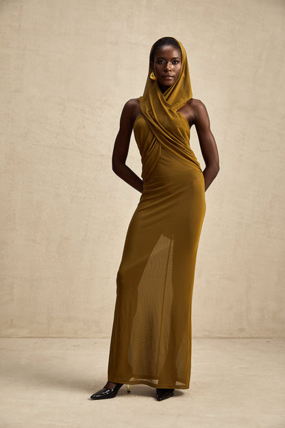 Gloria crossover backless hooded maxi dress