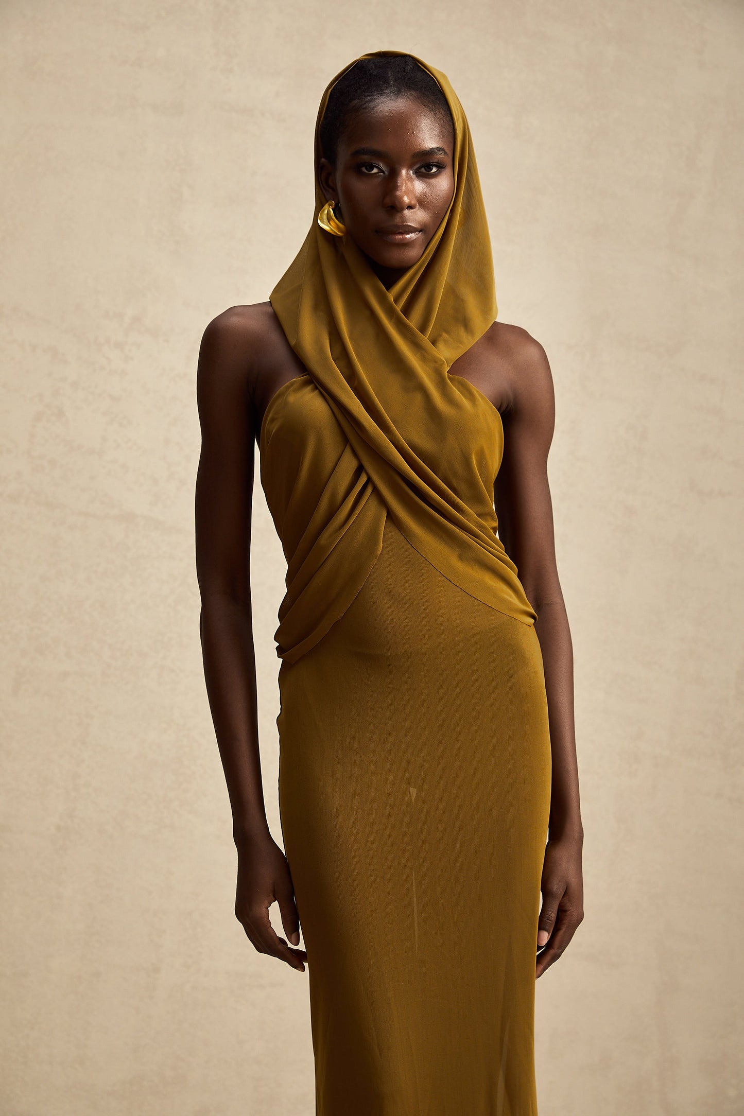 Gloria crossover backless hooded maxi dress