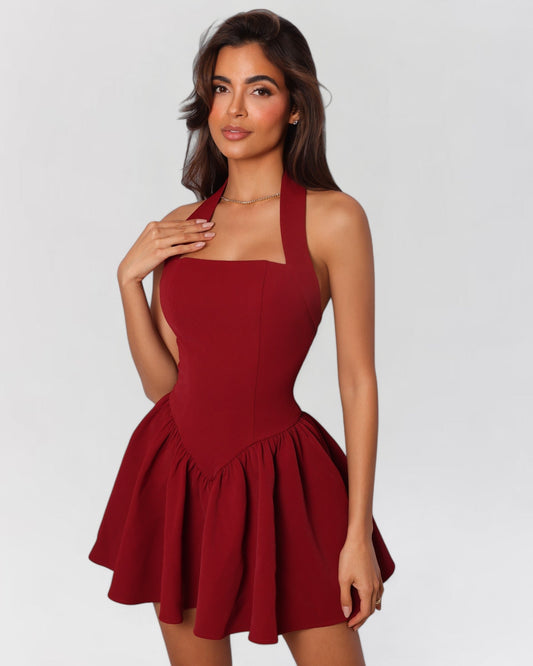 Wine red halter contour a-line mini dress